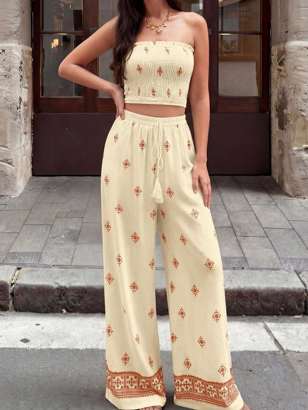#91 Pretty Garden 2pcs Set Boho Tube Tops Wide Leg Pants Cruise Beach Vacation